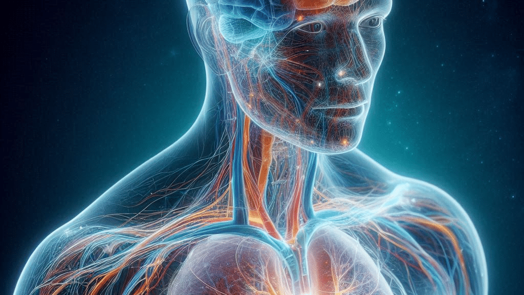 Transparent human body showing nervous system anatomy.