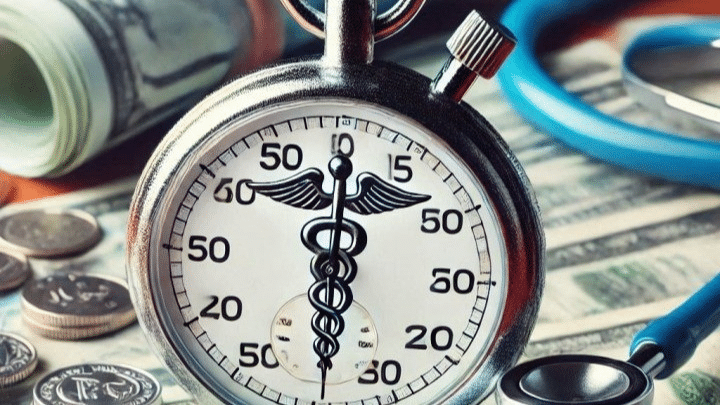 Medical costs represented by stopwatch and stethoscope.