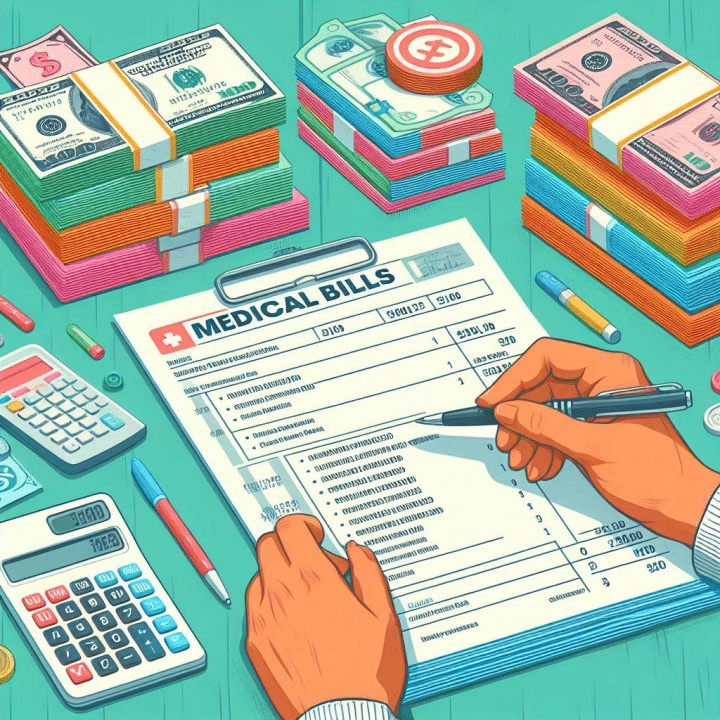 Calculating medical expenses with bills and money.